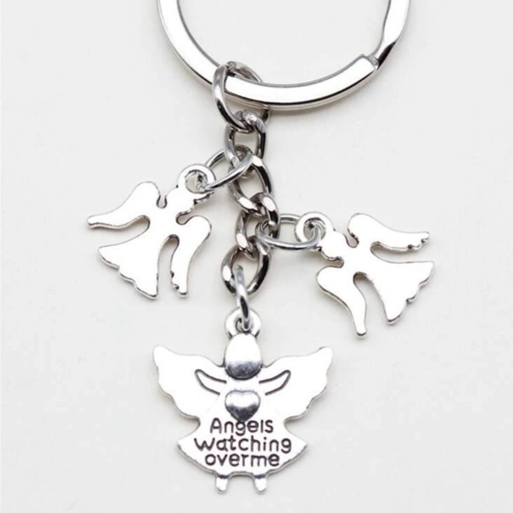 3 Angel Charm Keychain Silver Plated Angels Watching Over Me Wings Heart - Picture 3 of 6